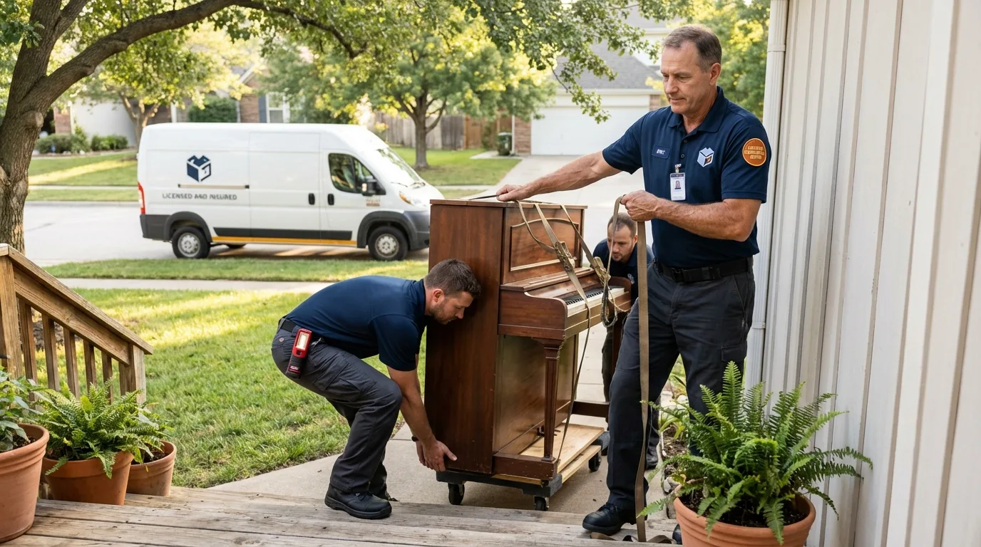 Licensed piano movers securing grand piano in Plainville, MA