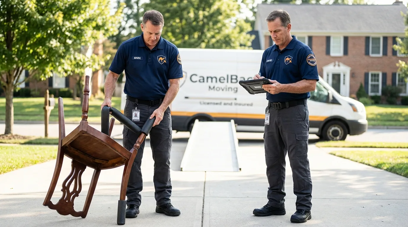 Movers inspecting furniture for damage prevention before loading in Plainville, MA