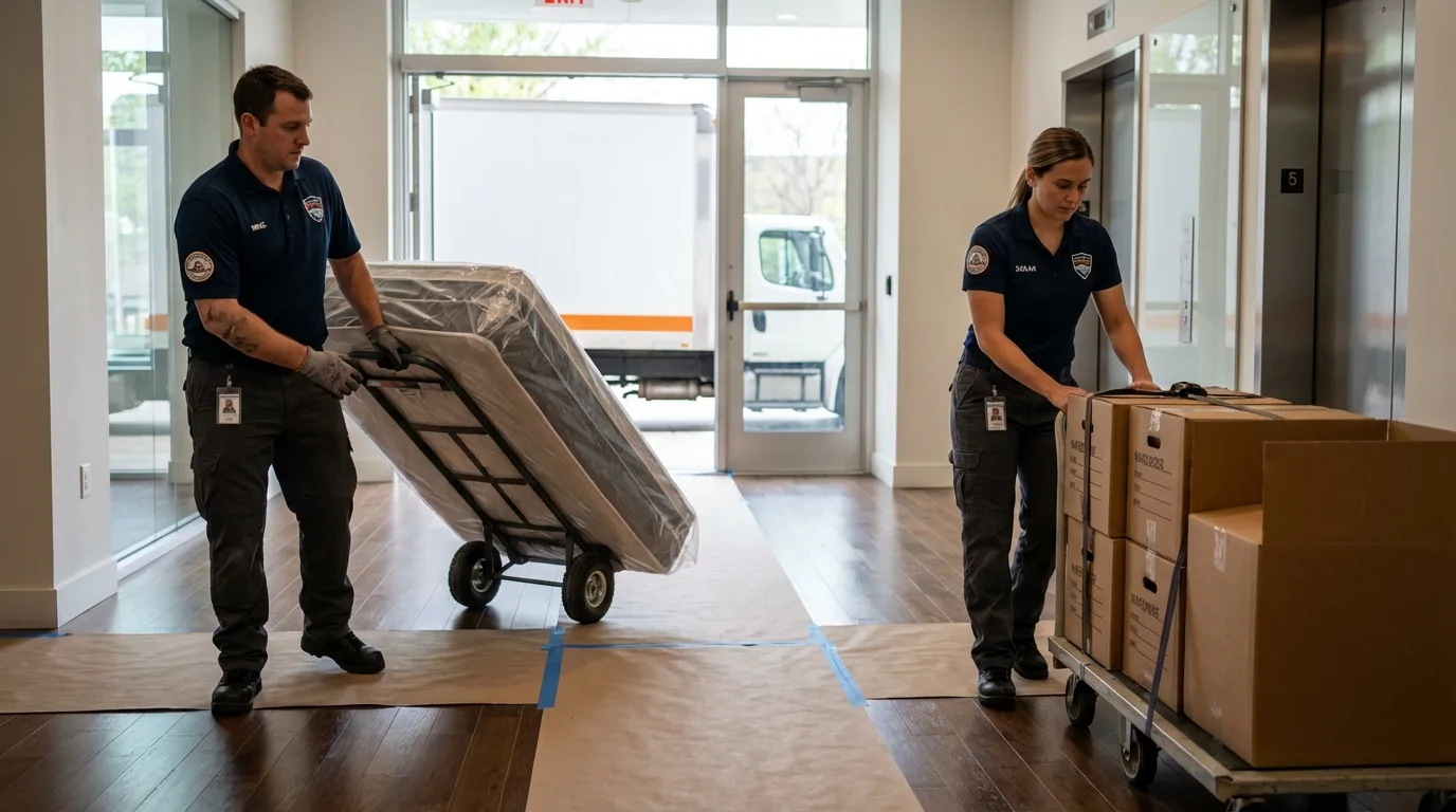 Professional apartment movers loading elevator in Plainville, MA